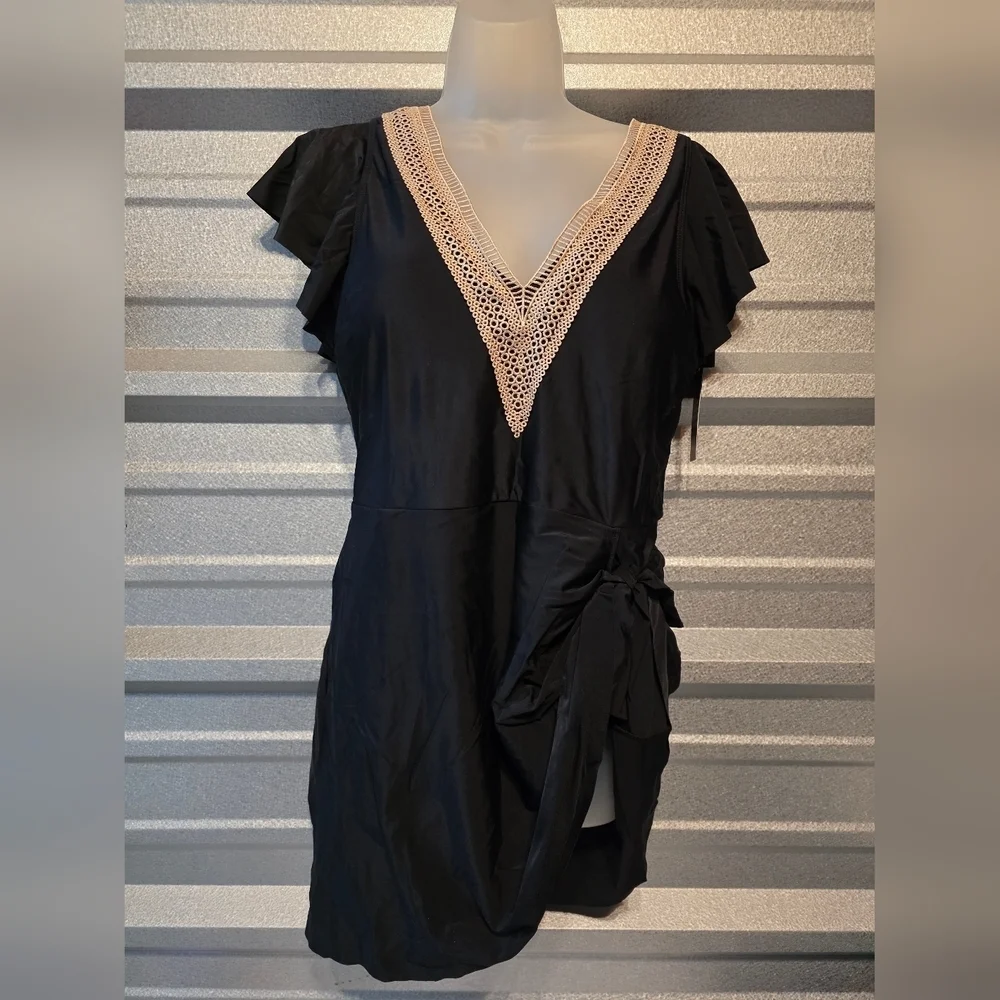 Elegant Black One-Piece Swimsuit with Lace Detail